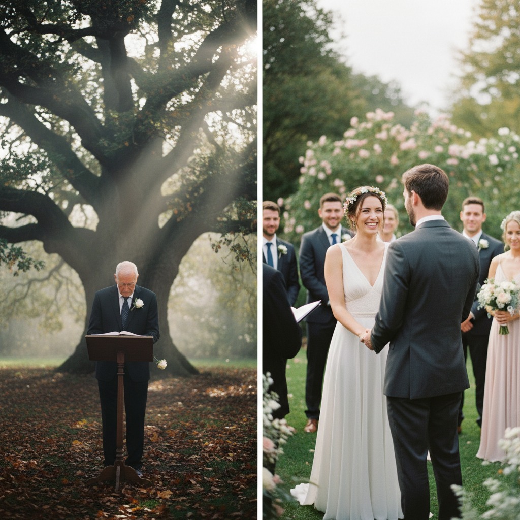 einbild das trauerreden einschliesst: natur, sonnenstrahl durch baum oder so, dann eins wo ein lachen bei einer trauung zu sehen ist, können auch beide bilder in einem sein oder nebeneinander wie eine collage. das für trauer war toll, das für hochzeit zu fröhlich neben dem trauerbild